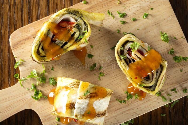 Tapas Wrap with Chicken, Pesto and Paprika Stock Image Image of mini, chicken 204733909