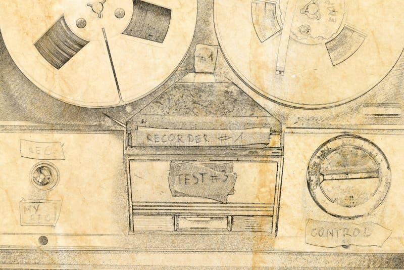 Tape Audio Recorder and Roll of Tape, Sketch on Paper Stock Photo