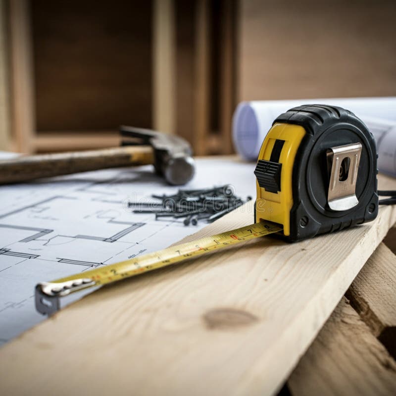 Tape measure extended on a wooden surface, alongside architectural blueprints stock illustration