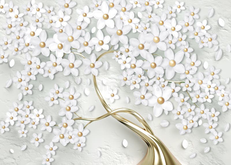 Tapet 3d pentru perete. copac mural cu tulpină de aur și perlă de aur cu flori albe. fond floral abstract. royalty free illustration