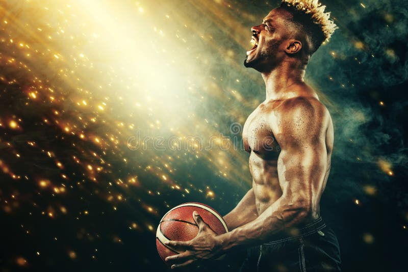 Tapet de baschet. portretul baschetbalistului sportiv afroamerican cu o minge peste fundalul negru. potrivire stock photos
