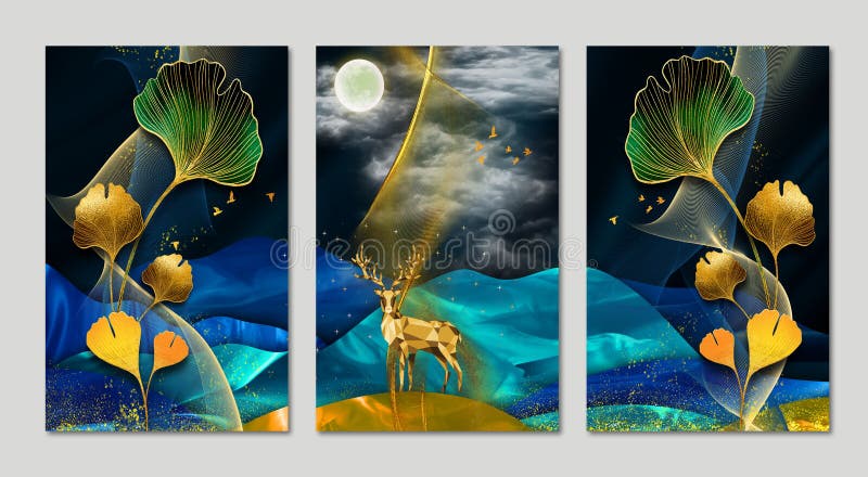 Tapet mural de artă cu fond albastru închis pom de Crăciun colorat frunze de cerb de munte aurii și luna în stock illustration