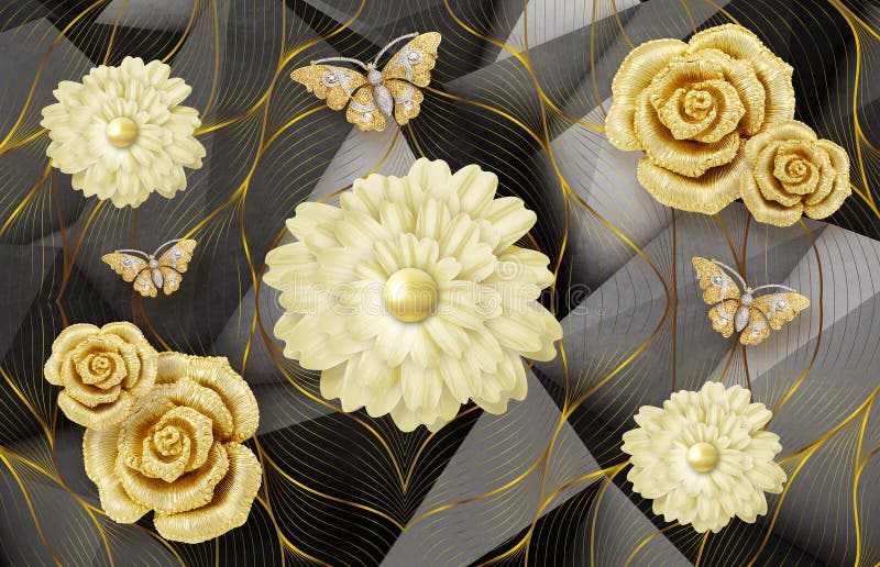 Tapeta muralowa 3d do ściany . abstrakcyjne czarne tło ze złotymi kwiatami i motylem .
