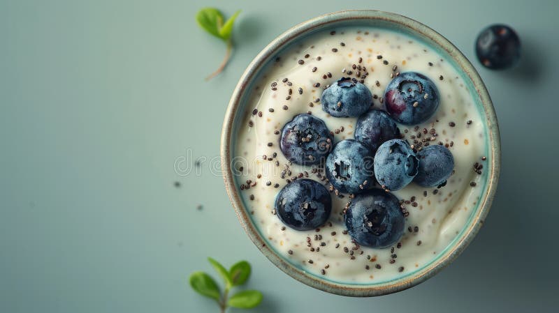 Tapete de iogurte com mirtilos frescos e sementes de chia. imagem de stock royalty free