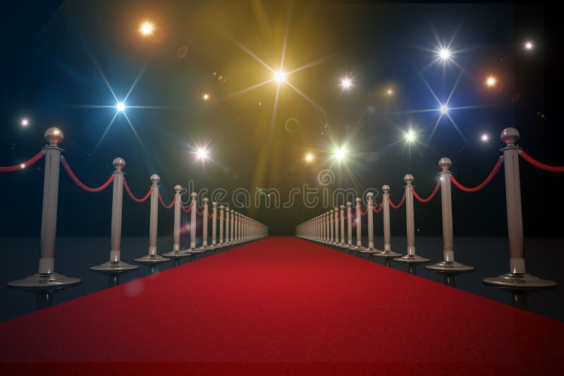 Tapete vermelho para o VIP Luzes instantâneas no fundo 3D rendeu a ilustração ilustração stock Tapete vermelho para o VIP Luzes instantâneas no fundo 3D rendeu a ilustração ilustração stock