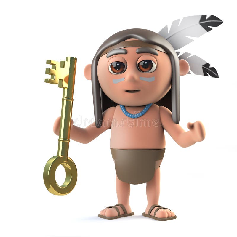 3d render of a funny cartoon Native American Indian brave holding a gold key. 3d render of a funny cartoon Native American Indian brave holding a gold key.