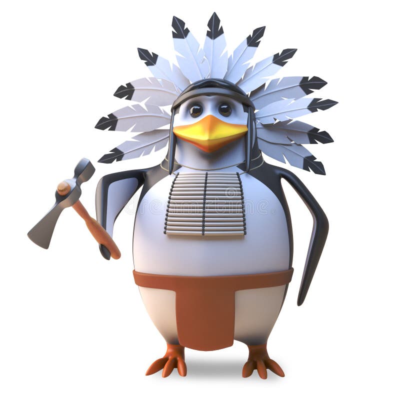 Brave native American Indian penguin chief wields his mighty axe, 3d illustration render. Brave native American Indian penguin chief wields his mighty axe, 3d illustration render