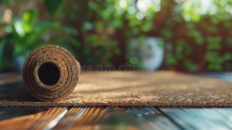 Tappeto di yoga di sughero ecologico sul pavimento di legno con pianure verdi di fondo fotografia stock libera da diritti