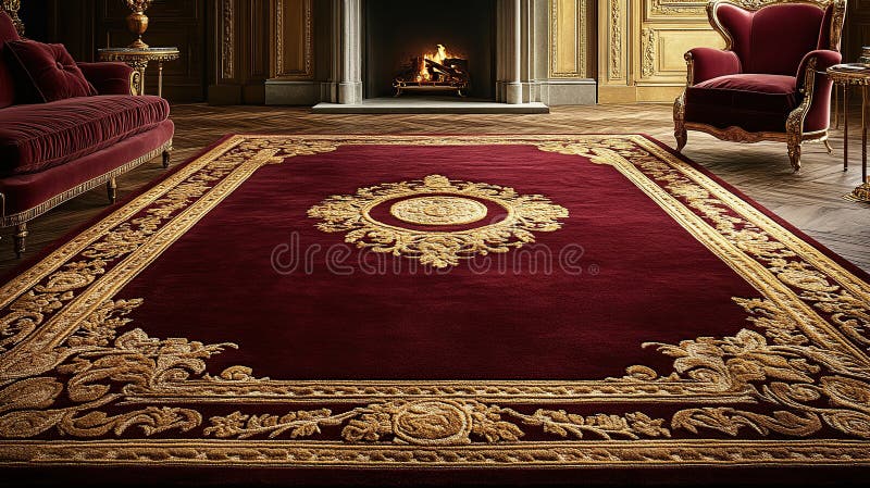 Tappeto lussuoso di burgundy con accenti d'oro classico in un soggiorno di lusso illustrazione vettoriale