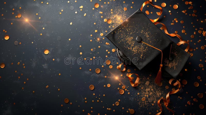 Tappi di laurea e stelle d'oro sullo sfondo nero fotografie stock libere da diritti