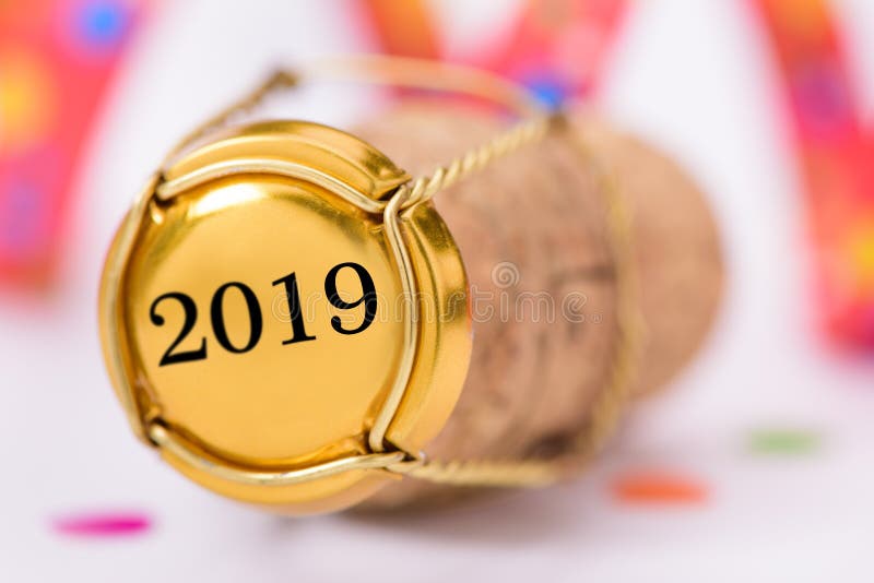 Cork stopper of champagne with new year`s date 2019 and copy space. Cork stopper of champagne with new year`s date 2019 and copy space