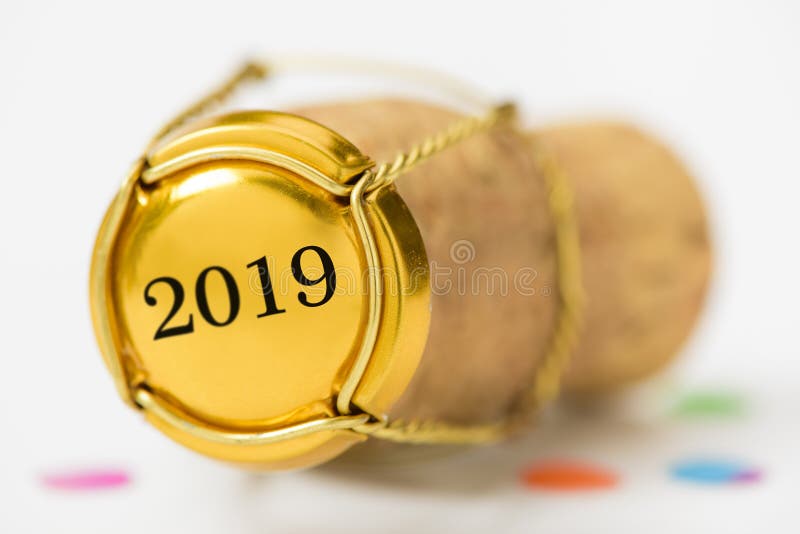 Cork stopper of champagne with new year`s date 2019 and copy space. Cork stopper of champagne with new year`s date 2019 and copy space