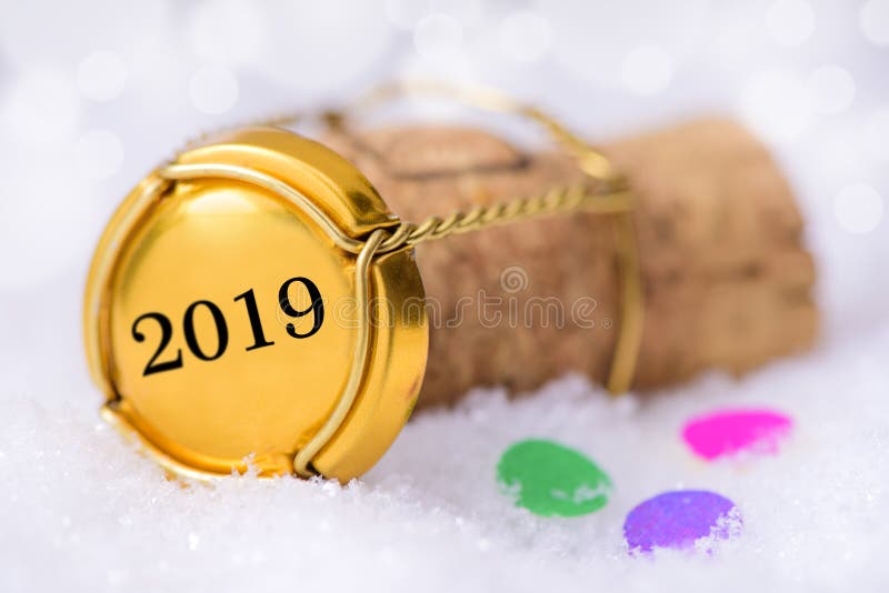 Cork stopper of champagne with new year`s date 2019 and copy space. Cork stopper of champagne with new year`s date 2019 and copy space