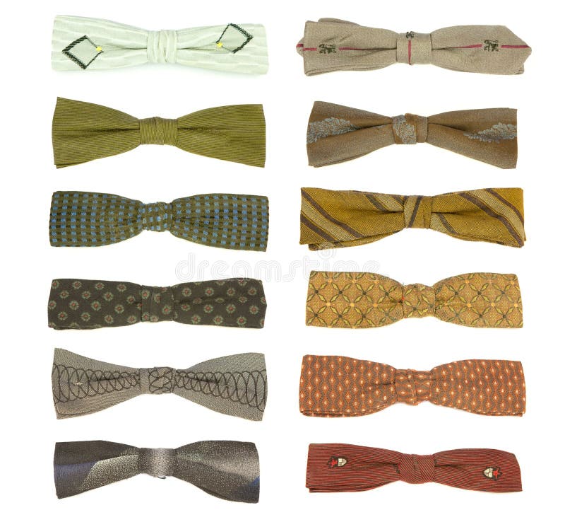 12 vintage bow-ties from the 50's isolated on white. Some of these have aged a little bit - expect moth holes. 12 vintage bow-ties from the 50's isolated on white. Some of these have aged a little bit - expect moth holes.