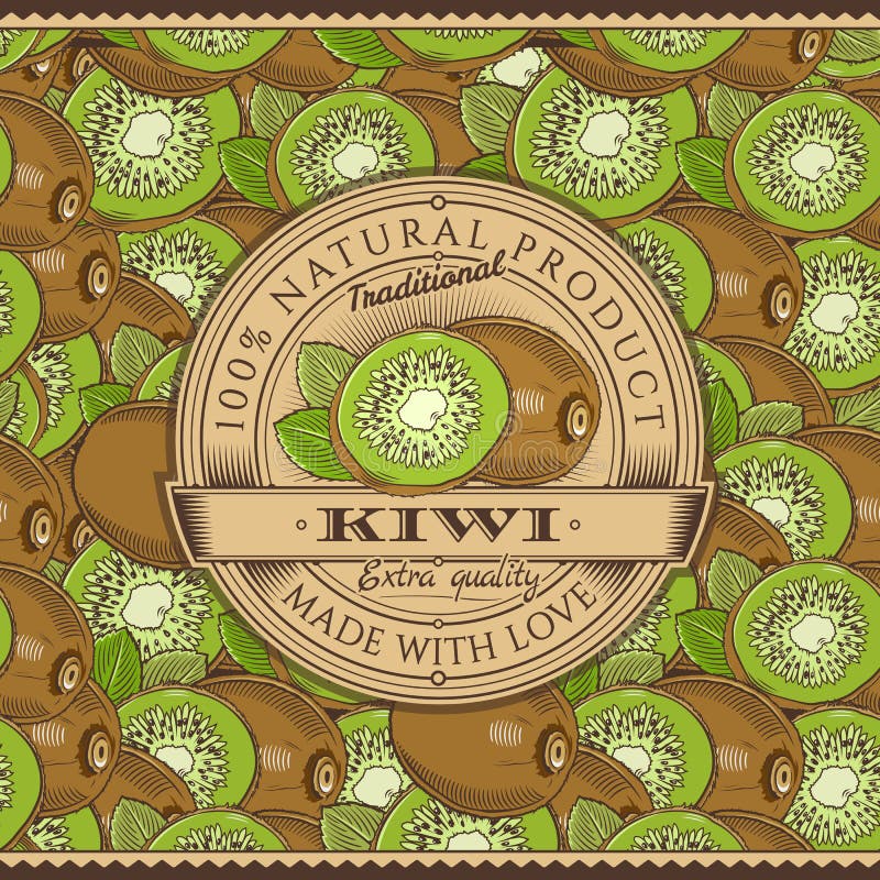 Tappning Kiwi Label On Seamless Pattern stock illustrationer Tappning Kiwi Label On Seamless Pattern stock illustrationer