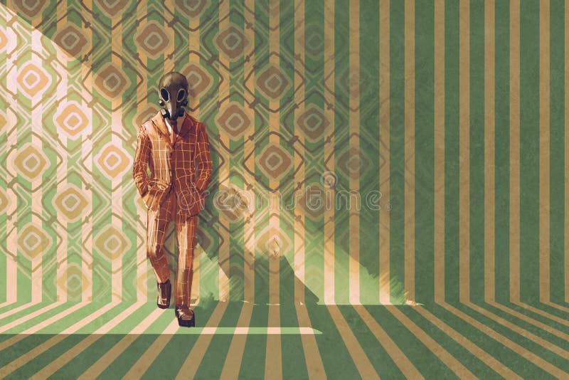 Vintage businessman with gas mask standing against the wall with retro pattern,illustration painting. Vintage businessman with gas mask standing against the wall with retro pattern,illustration painting