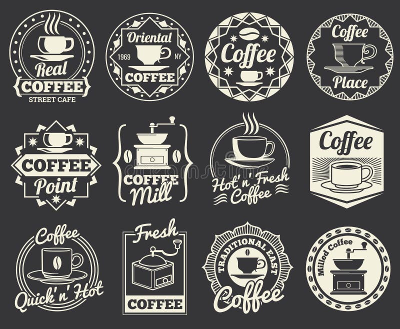 Tappningcoffee shop- och kafélogoer, emblem och etiketter royaltyfri illustrationer