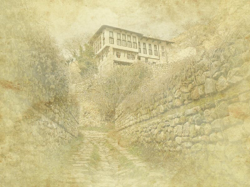 Tappningferiekort på gammal pappers- bakgrund Gatasikt av Melnik traditionell arkitektur, Bulgarien Bostads- Europa royaltyfri illustrationer Tappningferiekort på gammal pappers- bakgrund Gatasikt av Melnik traditionell arkitektur, Bulgarien Bostads- Europa royaltyfri illustrationer