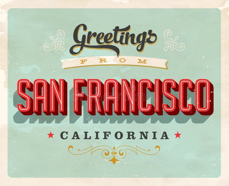 Tappninghälsningar från San Francisco, Kalifornien semesterkort stock illustrationer Tappninghälsningar från San Francisco, Kalifornien semesterkort stock illustrationer