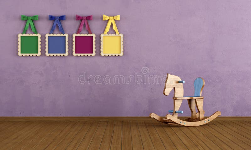 Vintage play room with wooden horse and colorful frame with bow- rendering. Vintage play room with wooden horse and colorful frame with bow- rendering