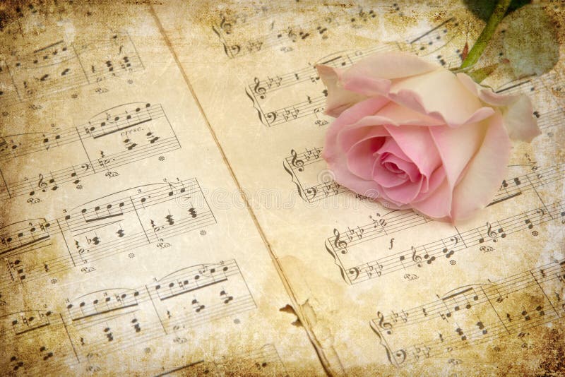 Tappningstil, rosa färgros med musikanmärkningar arkivbilder