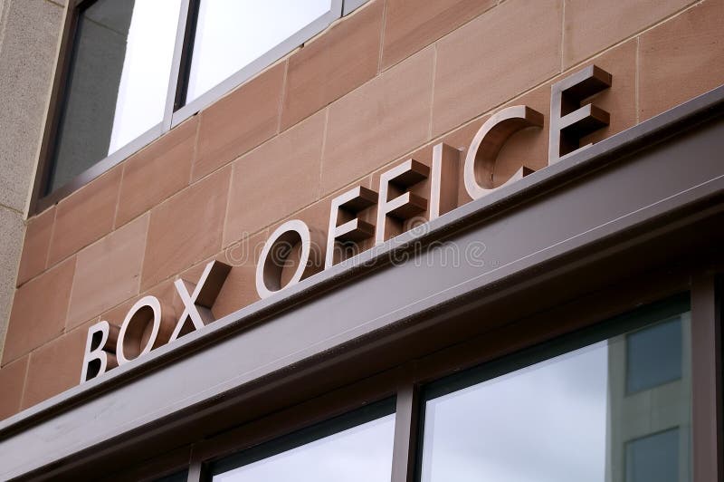 An angled view of an outdoor art deco copper theatre BOX OFFICE sign. An angled view of an outdoor art deco copper theatre BOX OFFICE sign