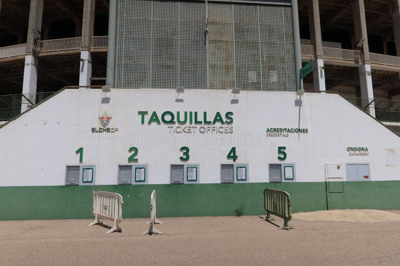 Elche, Alicante, Spain, May 3, 2024: Ticket office at the south end of the Martinez Valero stadium of the Elche football club. Elche, Alicante, Spain. Elche, Alicante, Spain, May 3, 2024: Ticket office at the south end of the Martinez Valero stadium of the Elche football club. Elche, Alicante, Spain