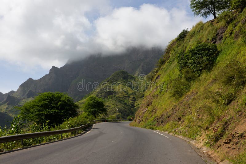 Tar Road, Cloudy Mountains Background, Green Slopes Landscape, Cape Verde