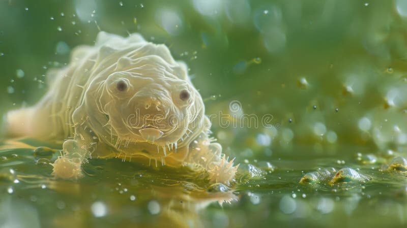 A of tardigrades is shown in a microscopic image floating in a pool of water. Despite the seemingly inhospitable royalty free stock image