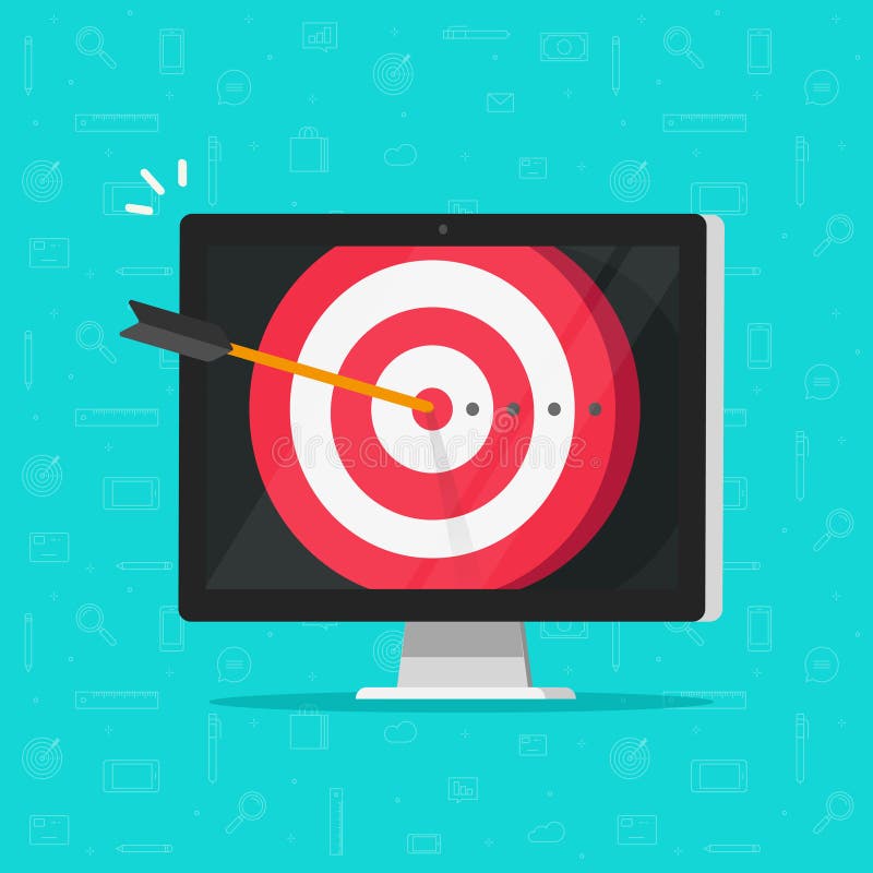 Target aim with arrow in bullseye on computer display vector, concept of success business goal, digital marketing royalty free illustration
