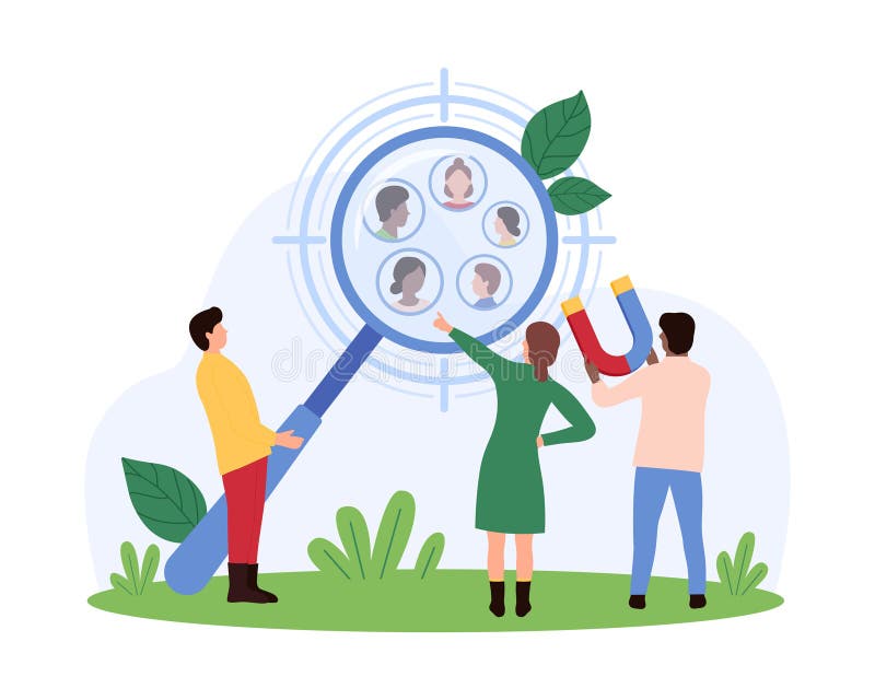 Target audience concept with tiny people and tools. Tiny people using tools to identify target audience, focusing on demographic data and customer insights, highlighting market segmentation vector illustration.