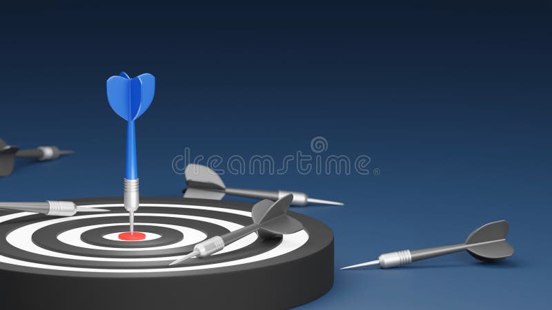 Target concept design of dartboard with blue dart on blue background 3D render vector illustration