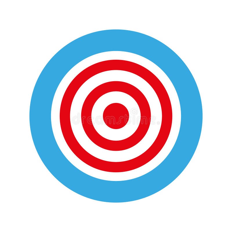 Target icon. Red bullseye. Blue circular border. Vector flat design. stock illustration