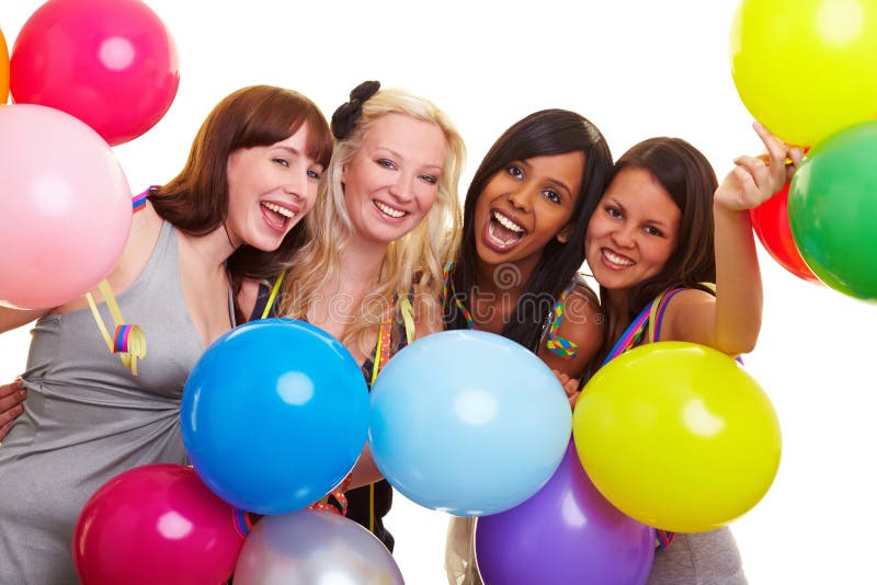 Four happy young women with many colorful balloons. Four happy young women with many colorful balloons