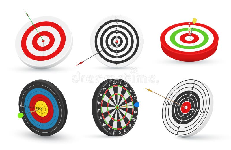 Targets round different styled with arrow, dart in centre. Task completed, goal achieved. stock illustration