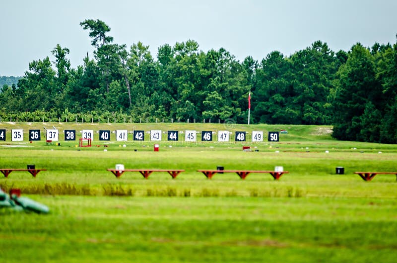 Targets for a shooting range with bulls-eye`s are lined up in a