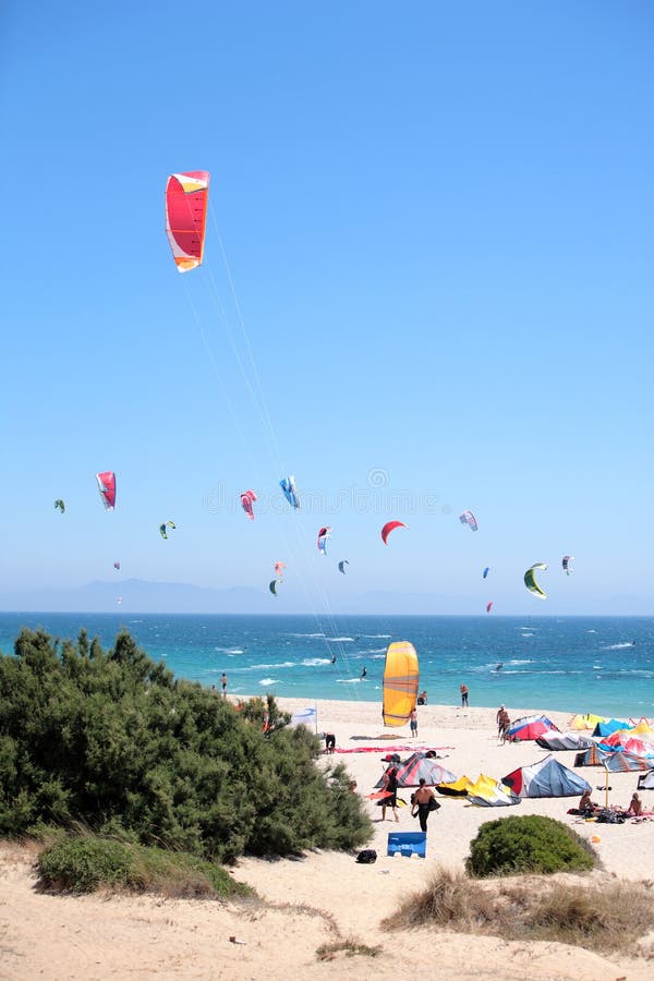 Tarifa beach in Spain packed with kitesurfers