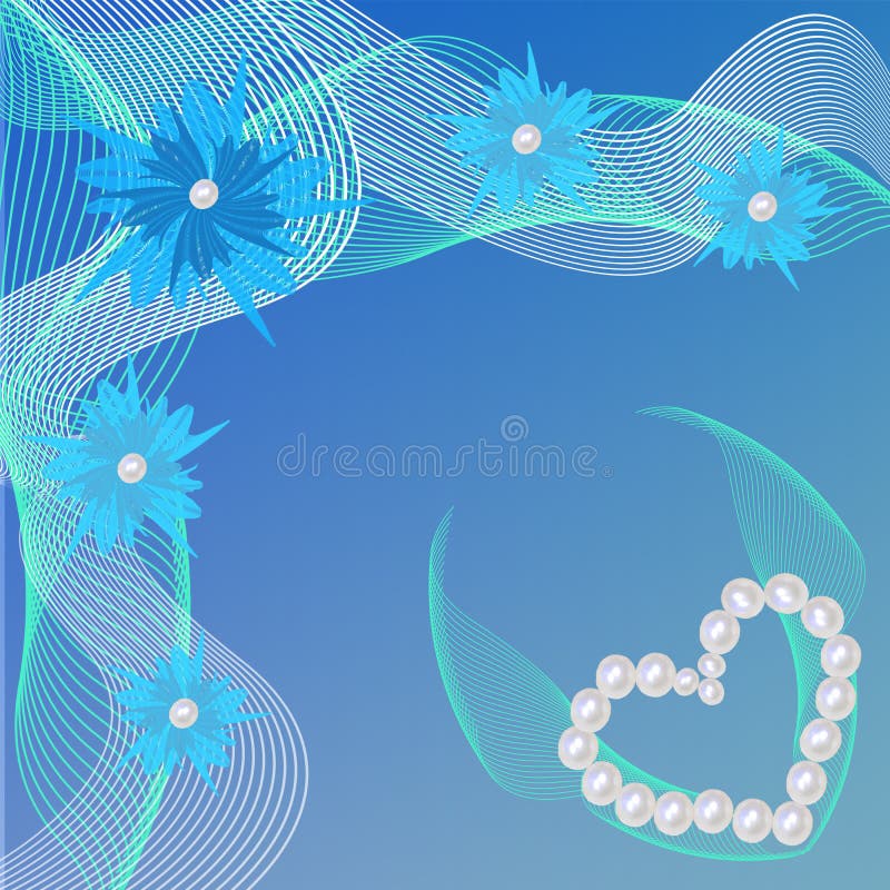 Tarjeta azul para el día de tarjetas del día de San Valentín con las perlas corazón y flores stock de ilustración Tarjeta azul para el día de tarjetas del día de San Valentín con las perlas corazón y flores stock de ilustración