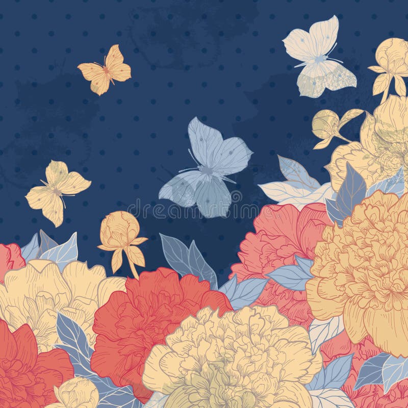 Tarjeta con las flores, las hierbas y las mariposas stock de ilustración Tarjeta con las flores, las hierbas y las mariposas stock de ilustración