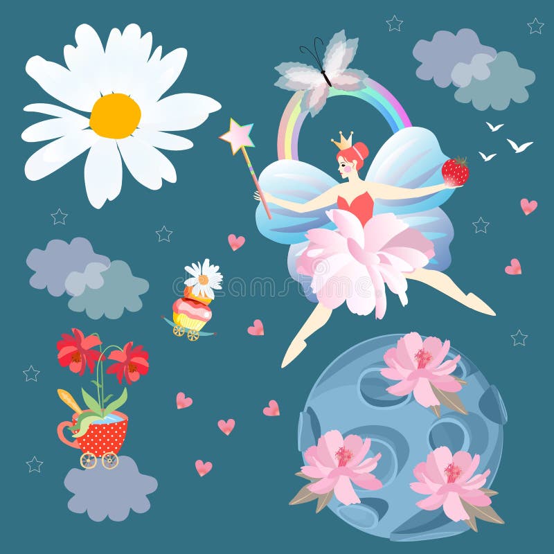 Tarjeta cuadrada de la fantasía con la princesa de hadas coa alas, planeta con las flores rosadas apacibles, pequeños pétalos - c libre illustration Tarjeta cuadrada de la fantasía con la princesa de hadas coa alas, planeta con las flores rosadas apacibles, pequeños pétalos - c libre illustration