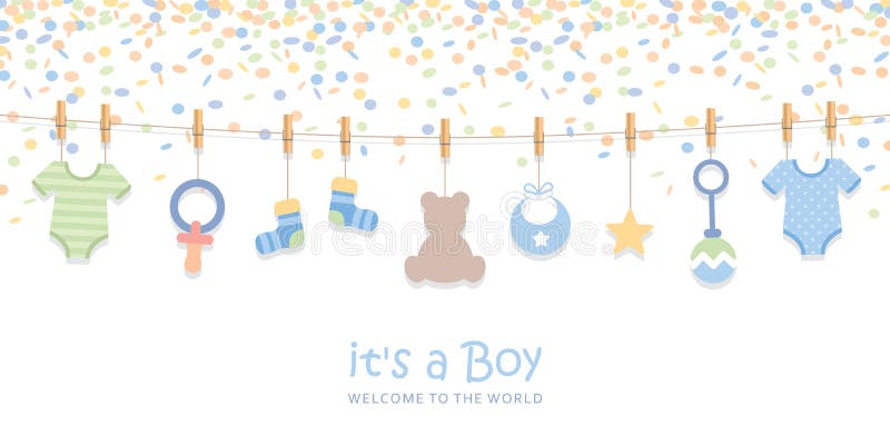 Tarjeta De Bienvenida De Bienvenida Para Bebé Con Utensilios Colgantes Y Confeti Ilustración del Vector - de lindo, ropa: 238629935