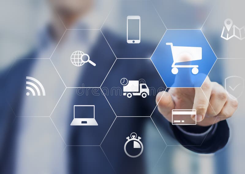Tarjeta de crédito de compra de entrega de interfaz de ecommerce táctil de empresario foto de archivo