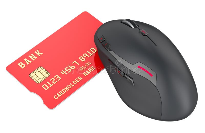 Tarjeta de crédito con el ratón del equipo inalámbrico. concepto de compras y banca en línea 3d renderización stock de ilustración