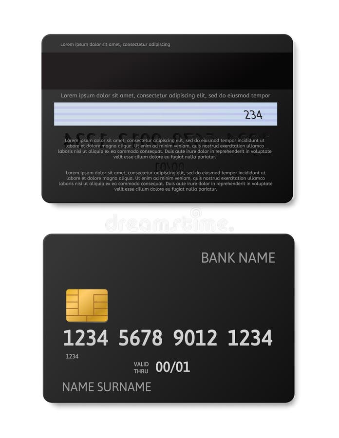Tarjeta de crédito negra. tarjetas de débito con chip de oro simulación realista en el frente y en el reverso de la transacción ba stock de ilustración