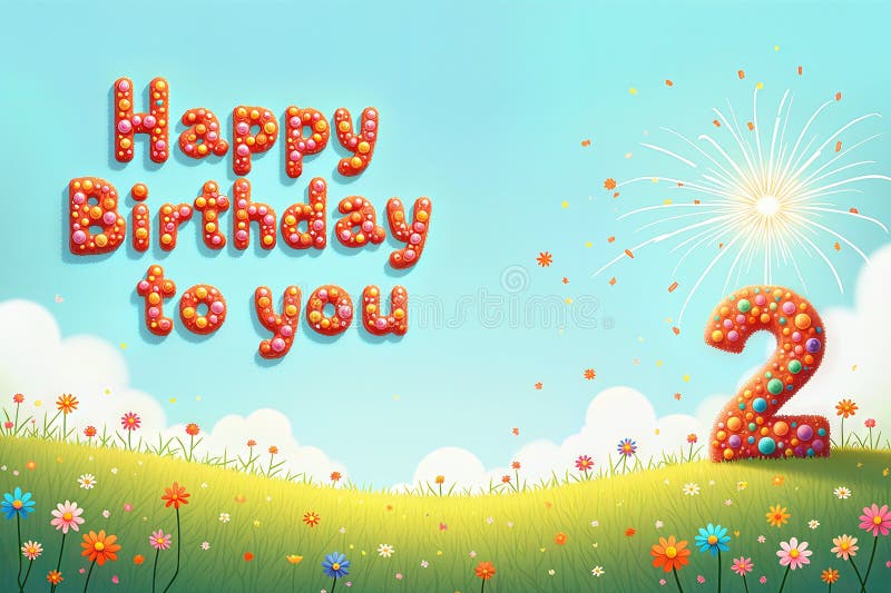 Tarjeta de cumpleaños colorida con flores y fuegos artificiales. Tarjeta de felicitación por 2 años. Una tarjeta de cumpleaños vibrante con el texto Feliz cumpleaños para ti y un gran número 2 hecho de bolas coloridas conjunto contra el fondo de un prado verde