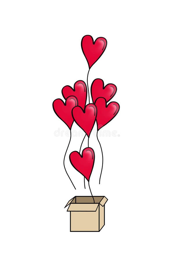Tarjeta de día de San Valentín con los globos rojos del corazón Globos del corazón con la caja de regalo ilustración del vector Tarjeta de día de San Valentín con los globos rojos del corazón Globos del corazón con la caja de regalo ilustración del vector