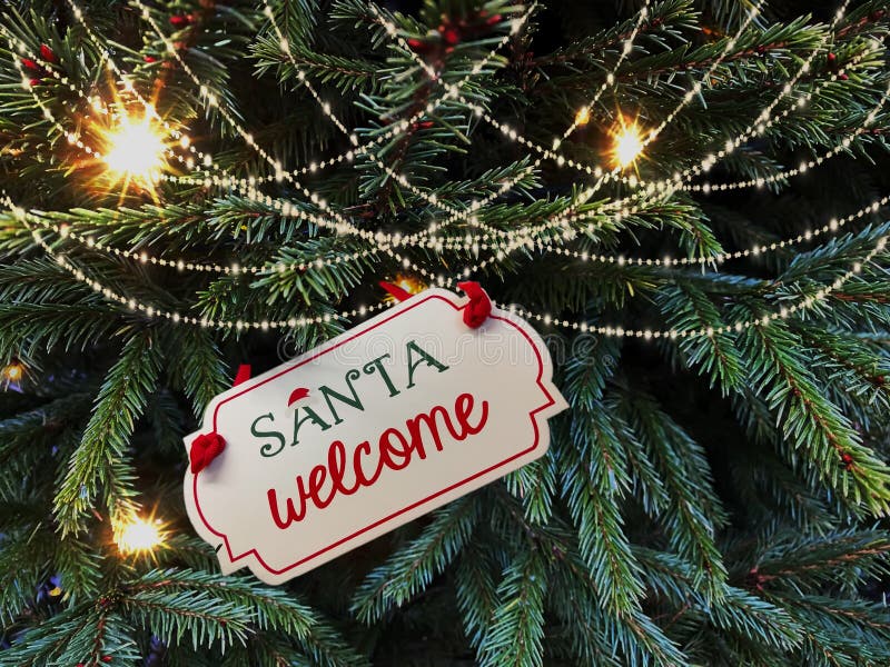 Tarjeta de felicitaciones navideñas con texto santa bienvenida hilos festivos árbol verde rama azul festividad decoración luminosa