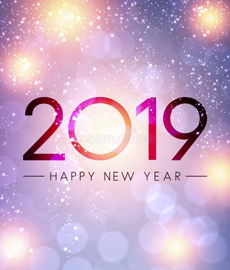 Tarjeta de felicitación brillante de la Feliz Año Nuevo 2019 de la lila ilustración del vector Tarjeta de felicitación brillante de la Feliz Año Nuevo 2019 de la lila ilustración del vector