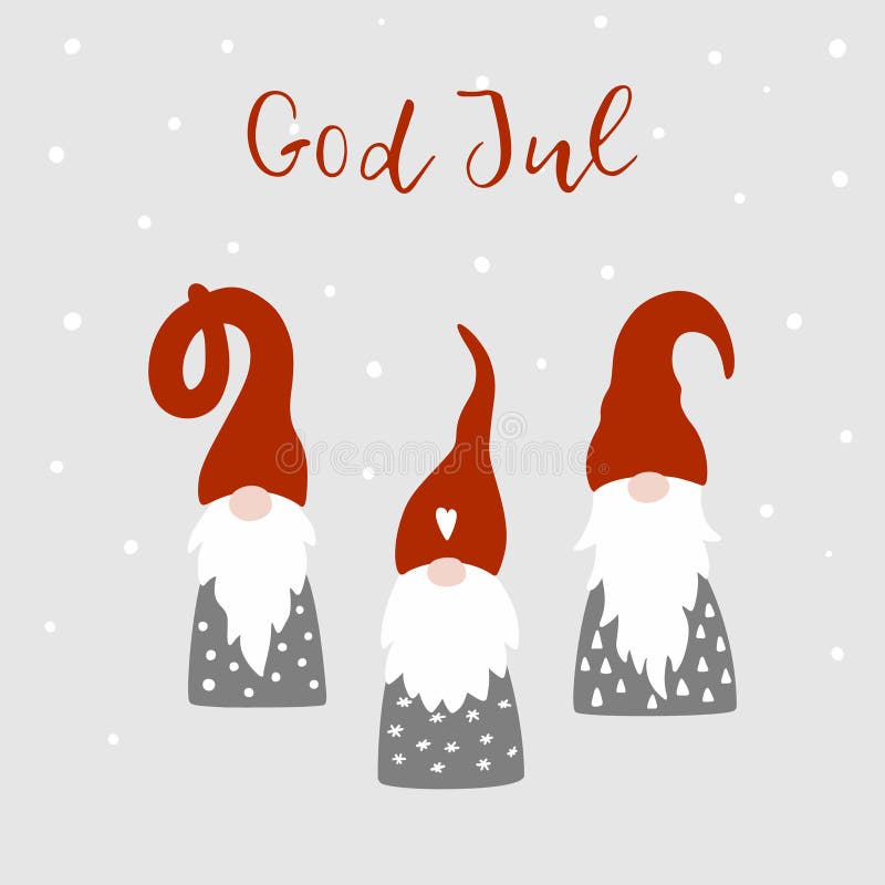 Tarjeta de felicitación con gnomos escandinavos lindos, los copos de nieve y dios julio del texto, en Feliz Navidad inglesa