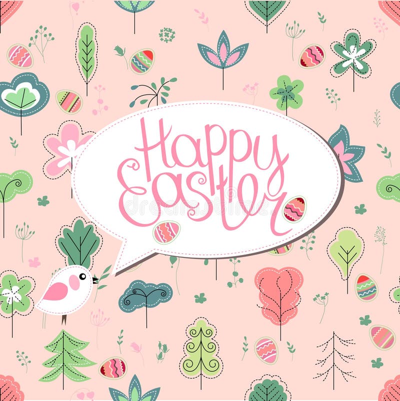 Tarjeta de felicitación con la frase árboles felices de pascua y de la primavera stock de ilustración Tarjeta de felicitación con la frase árboles felices de pascua y de la primavera stock de ilustración